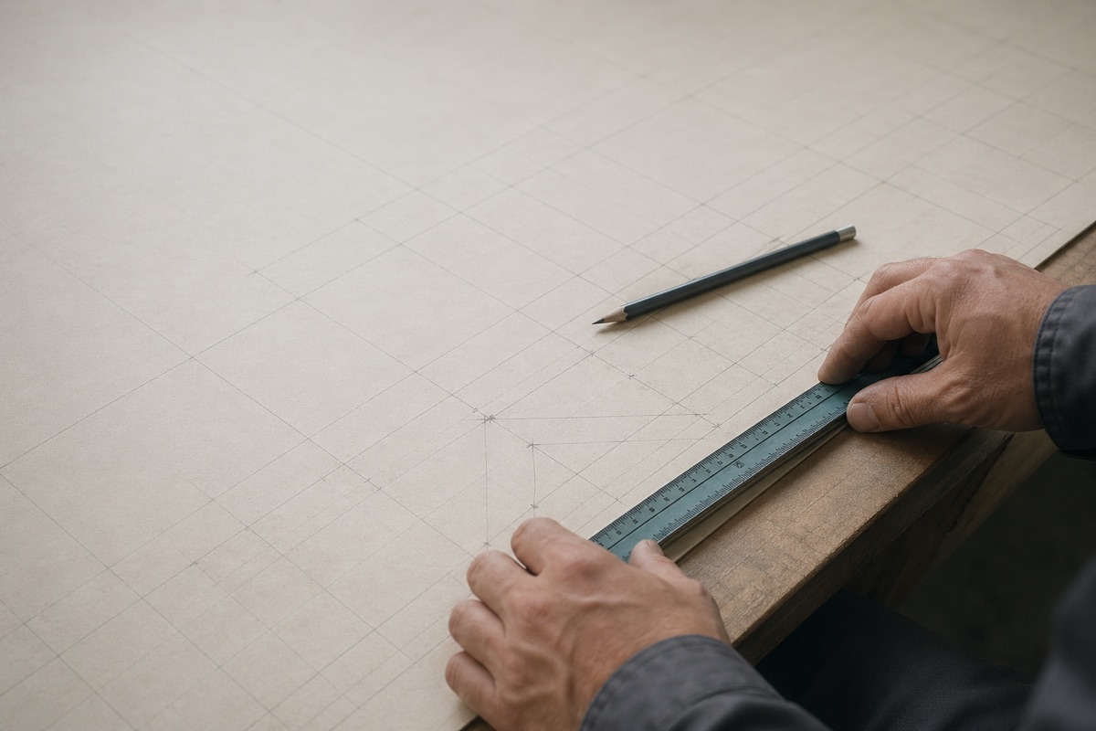 図面と尺と手元の作業の様子